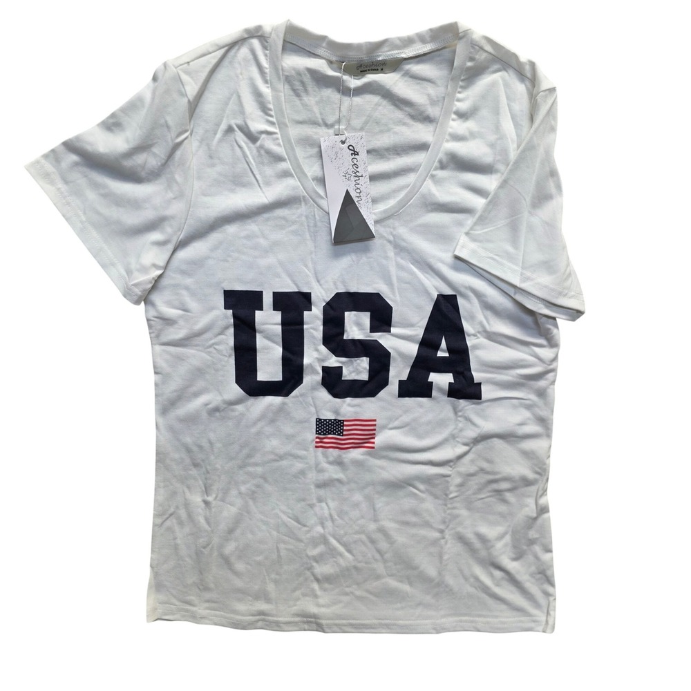Aceshion USA Graphic T-Shirt White Patriotic American Flag Scoop Neck Women Med